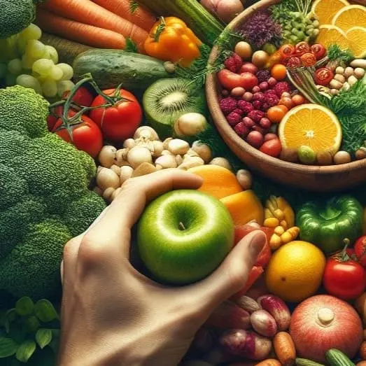 Mano sosteniendo una manza, con diferentes frutas y vegetales a su alrededor